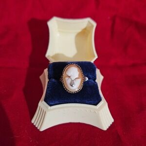 Vintage Cameo Ring with Diamond Accent in Original Box, Gold‎ Tone